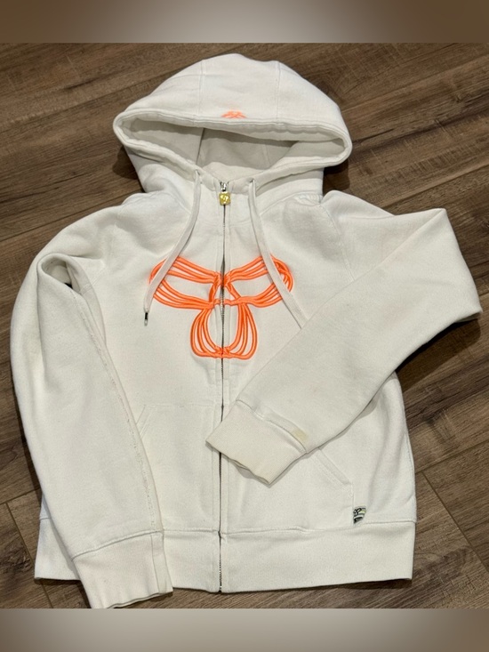 Aritzia Sweaters - TNA Aritzia White Zip Hoodie - Neon Orange Accents - Size Small